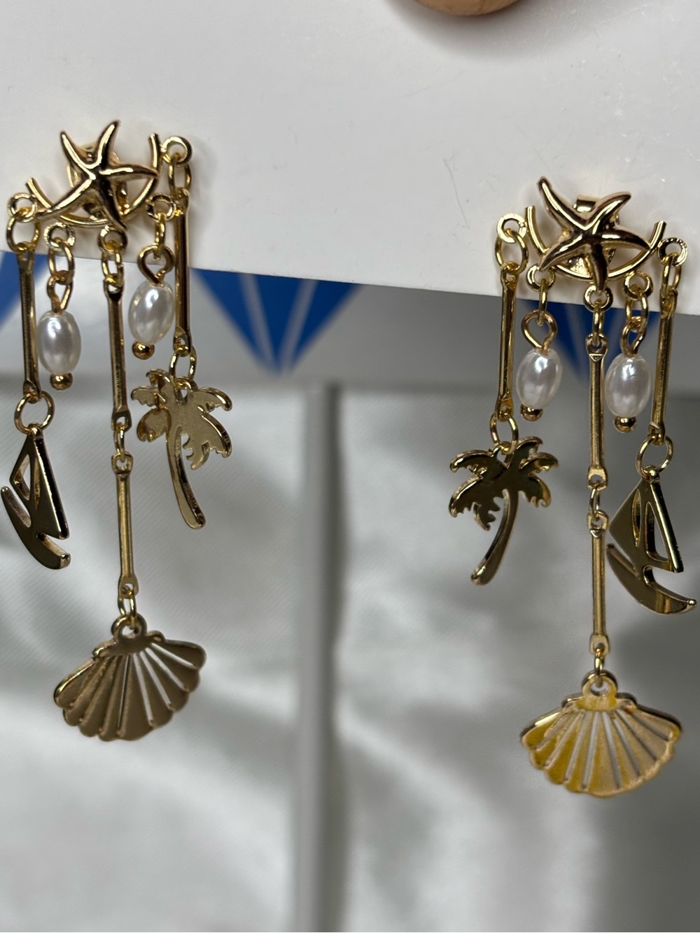 New Stainless Steel 18k Gold Plated Beach Charm Drop Earrings with Pearls